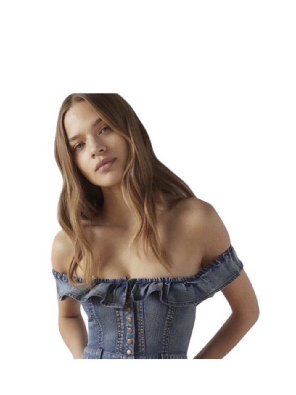 Le Lis Denim Romper Womens Medium Ruffle Button Front NEW